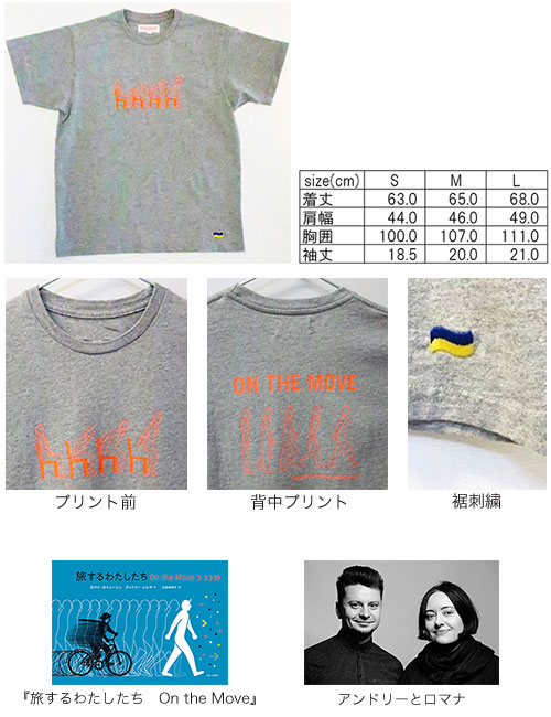 中身の見開き：絵本『旅するわたしたち　On The Move』×SUNSHINE＋CLOUD チャリティTシャツ（グレー・Sサイズ）