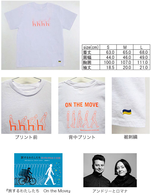 中身の見開き：絵本『旅するわたしたち　On The Move』×SUNSHINE＋CLOUD チャリティTシャツ（白・Sサイズ）